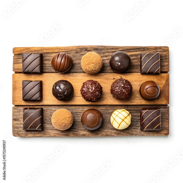 Fototapeta Watercolor rustic wooden board with chocolate treats, top view