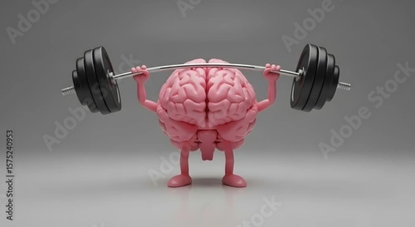 Fototapeta Pink Brain Figurine Lifting Barbell – Mental Strength Concept  Brain with Arms and Legs Training with Weights – Intelligence Metaphor