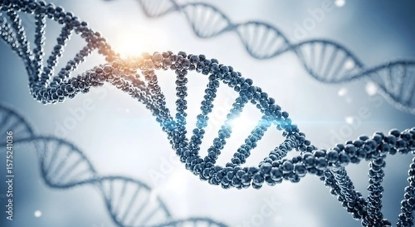 Fototapeta Illuminated DNA Double Helix Structure on Light Blue Background  Scientific Visualization of DNA Molecule with Shimmering Effect 