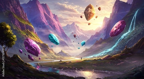 Fototapeta A surreal landscape featuring floating rocks and a distant figure amidst mountains and a flowing river.