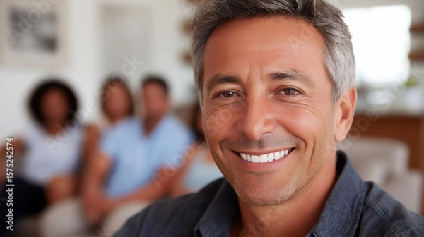 Fototapeta A close-up portrait of an attractive middle-aged man smiling with his family in the background,