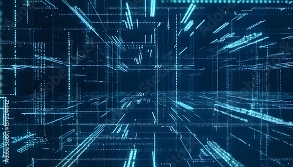 Obraz A futuristic blue grid background with glowing lines and perspective