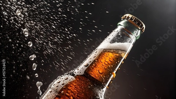 Fototapeta A cold beer bottle with condensation and water splashes on a dark background