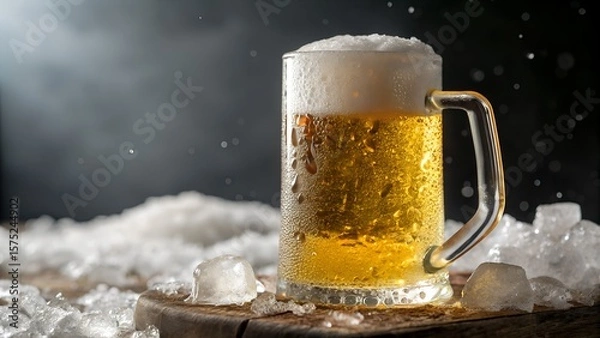 Fototapeta A frosty beer mug surrounded by ice cubes on a wooden surface