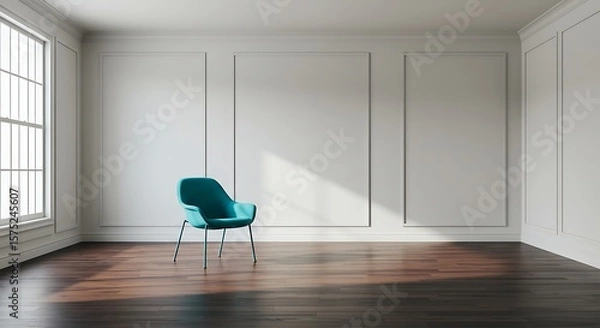 Fototapeta A teal chair sits on a dark wood floor in an empty, bright room with white walls and large windows.