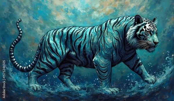 Fototapeta Abstract blue tiger vector illustration with oil paint strokes on water. AI generated