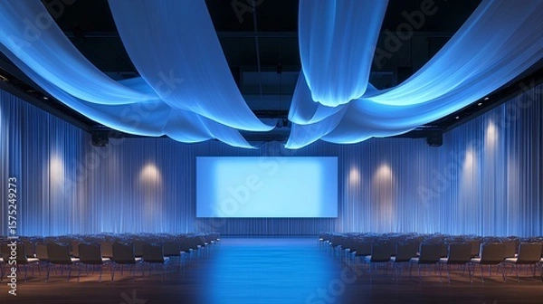Fototapeta Elegant Assembly: A stunning, empty presentation hall featuring graceful fabric draping and a prominent screen, designed for corporate events and grand presentations. 