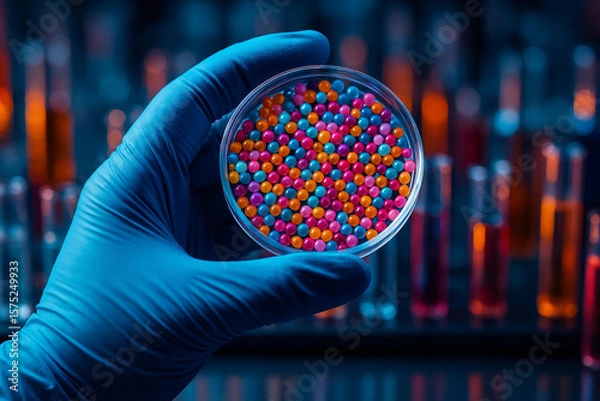 Fototapeta AI generated A gloved hand holds a petri dish filled with multicolored gel-like particles in a futuristic laboratory suggesting biotech research innovation and pharmaceutical precision