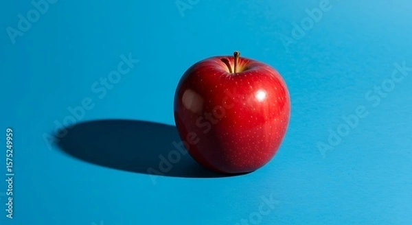 Fototapeta A single, ripe red apple casting a shadow on a vibrant blue background.