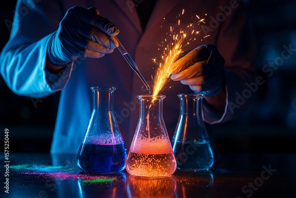 Fototapeta AI generated image showing a scientist triggering a vivid chemical reaction with sparks and glowing liquids under controlled conditions in a modern laboratory