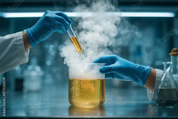 Fototapeta AI generated a vivid scene of two scientists performing a chemical experiment with vapor rising from a beaker in a controlled lab environment