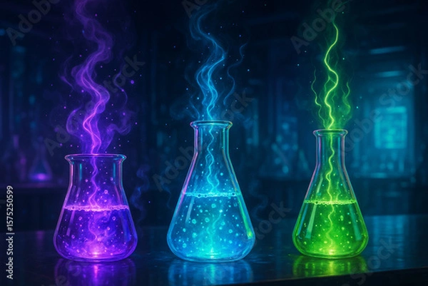 Fototapeta AI generated glowing chemical flasks emit mystical energy in a futuristic lab with fantasy mood combining science and magic in surreal colors