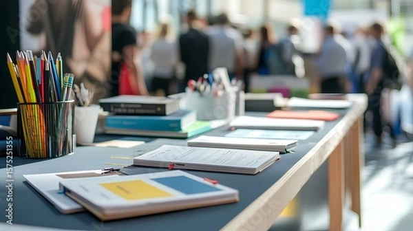 Fototapeta Open Day Info Table: An inviting information table is set with open notebooks, colorful pens, and informational materials, ready to welcome attendees at an open day event.