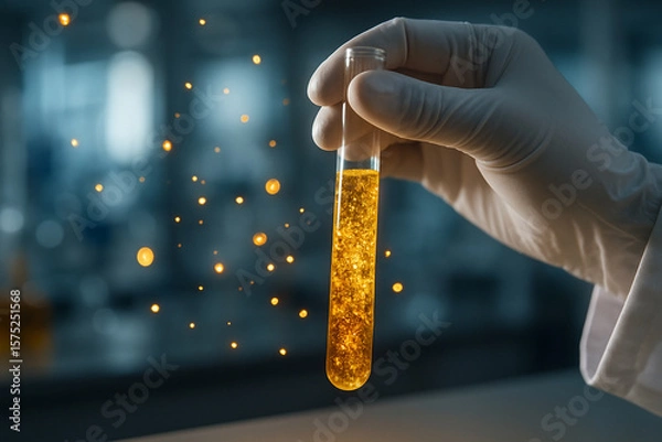 Fototapeta AI generated a close up of a gloved hand holding a glowing amber test tube in a futuristic science lab with floating golden particles