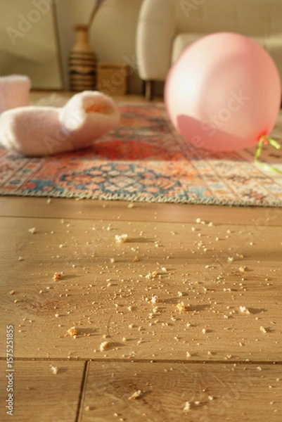 Fototapeta Messy aftermath of a party with pink balloon in living room