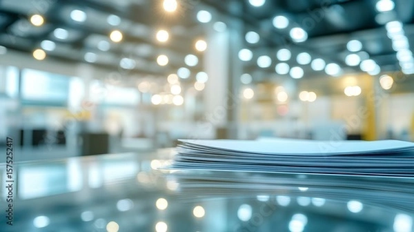Fototapeta Stack of Documents on Glass Surface: A neat stack of documents rests on a reflective glass surface, with a blurred background suggesting a busy office environment or conference hall.