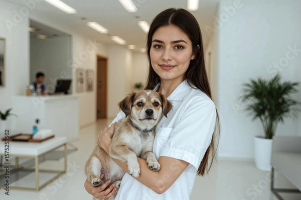 Obraz Ukrainian Veterinary Assistant Holding Dog in Bright Clinic Lobby with Soft Blurred Background