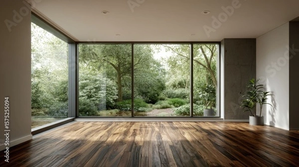 Fototapeta Modern room with large window showcasing lush garden hardwood floor potted plants