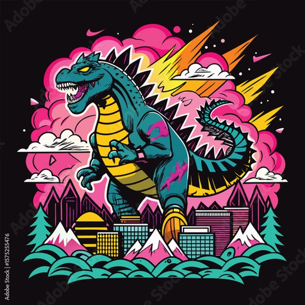 Fototapeta Cartoon vector illustration of a funny fantasy dragon character on a black or red background