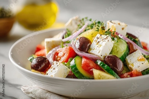 Obraz Greek salad featuring fresh ingredients like feta cheese, cucumbers, tomatoes, and olives, served in a white bowl on a marble table
