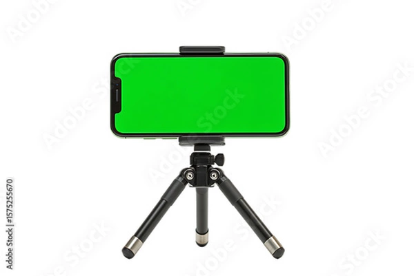 Fototapeta Mobile phone with green screen on a small tripod.