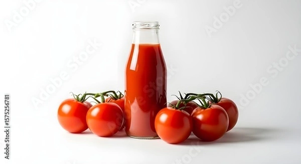 Obraz Fresh Tomatoes and a Bottle of Rich Tomato Juice
Vibrant Red Tomatoes and Pure Tomato Juice in a Glass Bottle
Healthy and Natural: Fresh Tomatoes with Bottled Tomato Juice