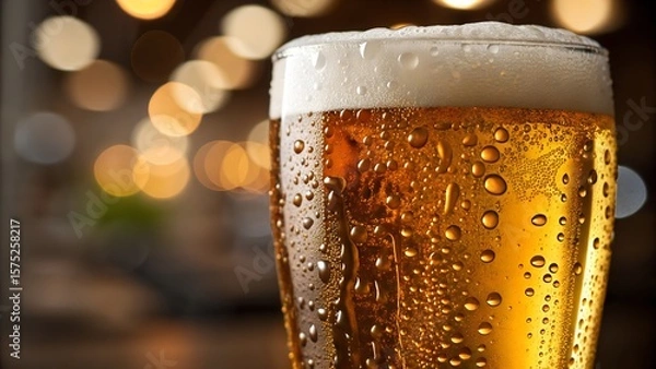 Fototapeta Close up of a pint of beer with water droplets