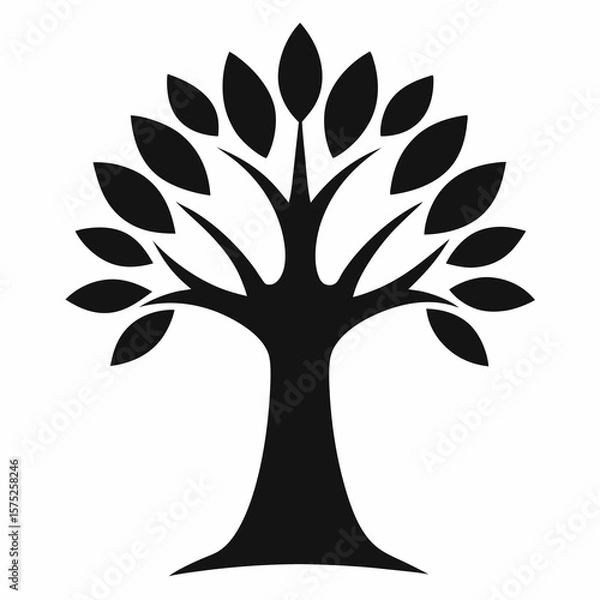 Fototapeta Black stylized tree icon with oval leaves on white background vector