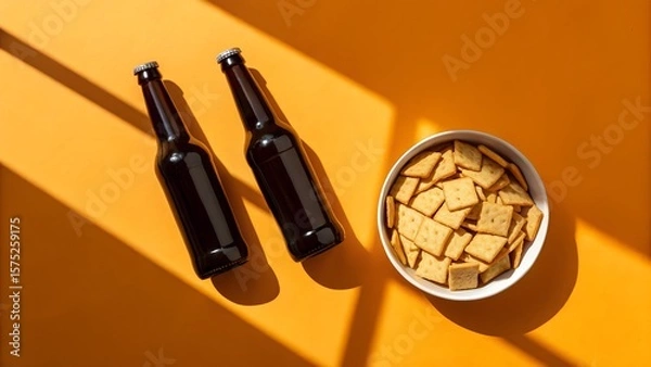 Fototapeta Two bottles of beer with bowl of crackers on orange background