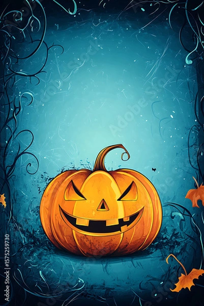 Obraz A vibrant Halloween pumpkin with a mischievous grin surrounded by autumn leaves and vines