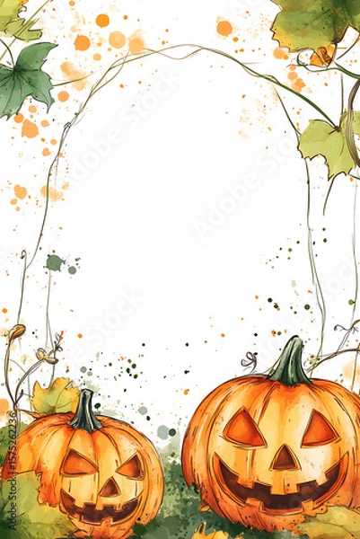 Obraz Festive Halloween scene featuring carved pumpkins surrounded by autumn foliage and splashes