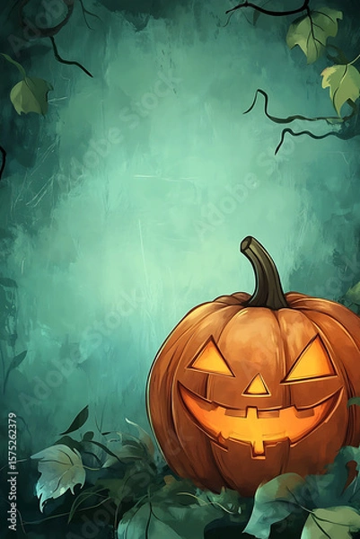 Obraz A glowing jack-o'-lantern amidst eerie foliage in a mystical forest setting