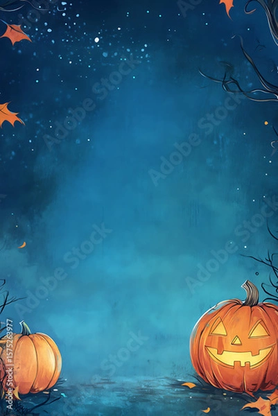 Obraz Halloween-themed illustration featuring carved pumpkins with a spooky background and autumn leaves