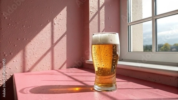 Fototapeta A glass of beer sits on a table near a window