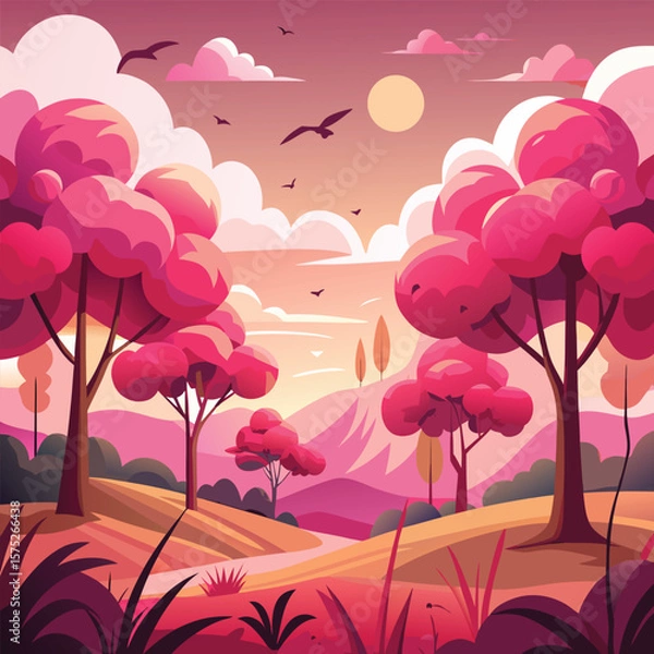 Obraz a cartoon landscape with pink trees and birds.
