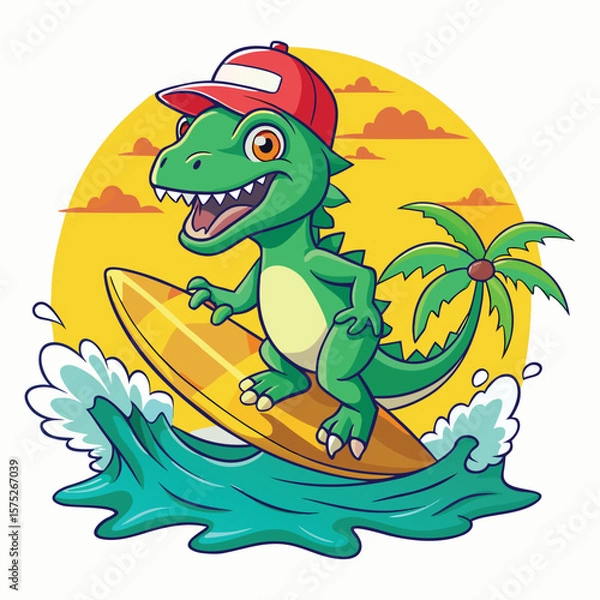 Obraz a cartoon dinosaur wearing a cap riding a surfboard.