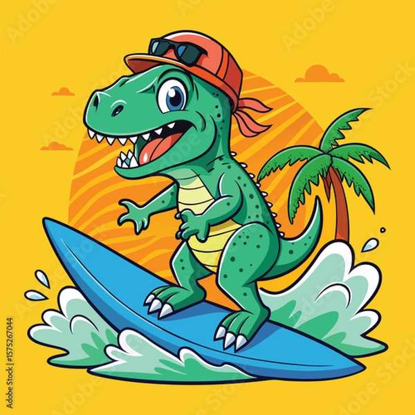 Obraz a cartoon dinosaur wearing a cap riding a surfboard.