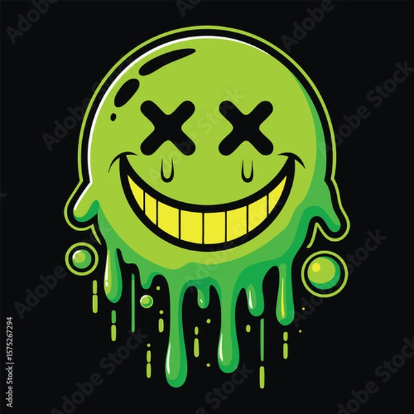 Obraz a green liquid dripping smiley face with a smile.