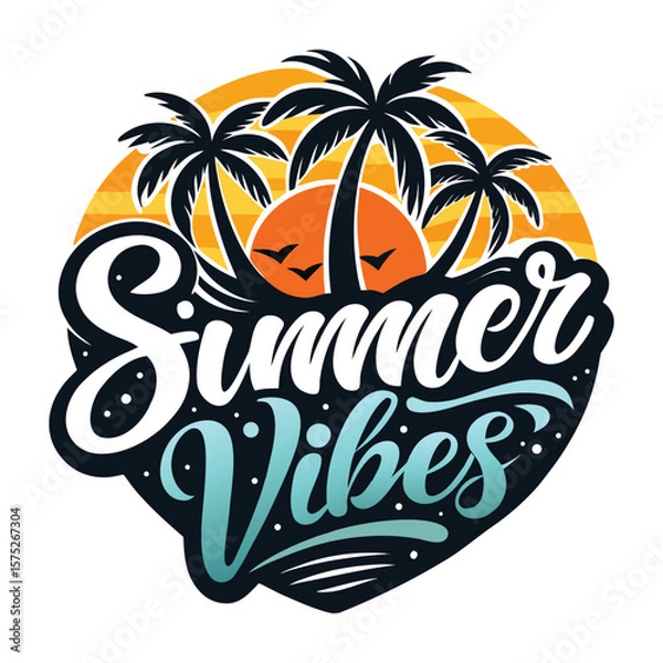 Obraz summer vibes logo design with palm trees and sunset.