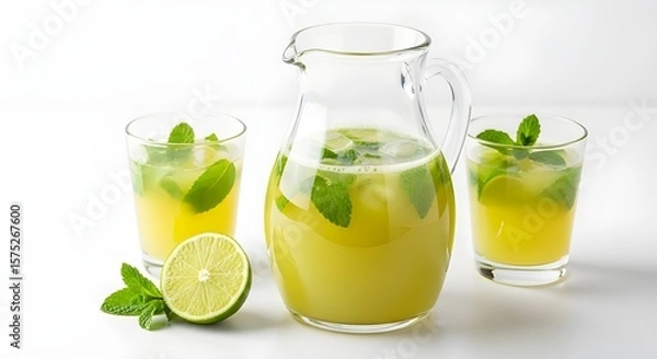 Obraz Refreshing Mint and Lime Drink in a Pitcher and Glasses
Freshly Made Mojito or Lemonade with Mint Leaves and Lime Slices
Cooling Summer Beverage with Green Mint and Citrus