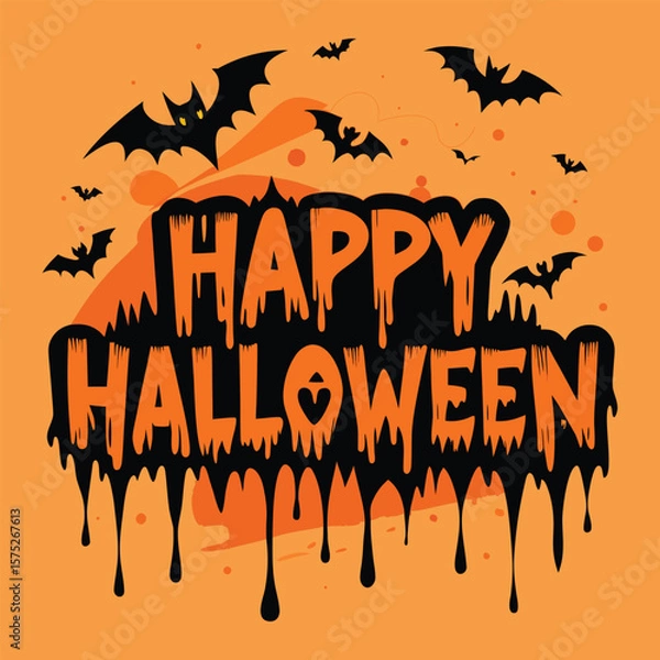 Obraz happy Halloween text with bats and dripping paint on orange background.