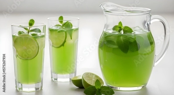 Obraz Refreshing Mint and Lime Drink in a Pitcher and Glasses
Freshly Made Mojito or Lemonade with Mint Leaves and Lime Slices
Cooling Summer Beverage with Green Mint and Citrus