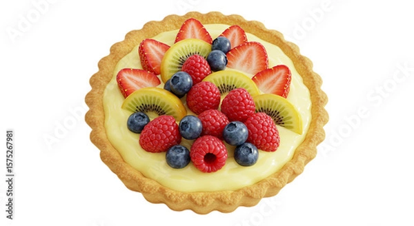 Obraz Delectable Fruit Tart: A mouthwatering fruit tart adorned with a colorful assortment of fresh strawberries, kiwis, raspberries, and blueberries arranged atop a creamy custard, a dessert masterpiece.