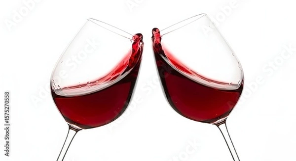 Obraz Two Wine Glasses Clinking in a Toast of Celebration
Cheers! Red Wine Glasses Raised in a Festive Moment
Elegant Red Wine Toast Against a Clean White Background