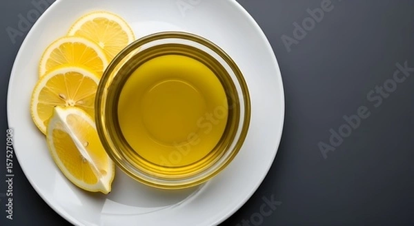 Obraz Bright Lemon Slices and Zest Floating in Golden Olive Oil
Close-up of Fresh Lemon in Olive Oil for Cooking
Natural Infusion: Lemon and Olive Oil for Healthy Cuisine