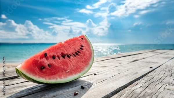 Fototapeta A slice of watermelon on a wooden table at the beach
