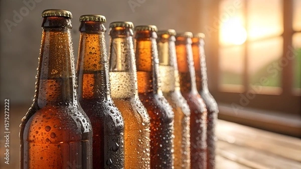 Fototapeta A row of cold beer bottles with condensation on a wooden table