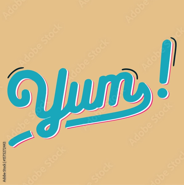 Fototapeta Yum! Retro Typography – Turquoise and Pink Hand Lettered Text for Vintage Food Design, Social Media, and Pop Culture Graphics