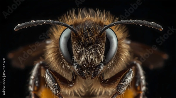 Fototapeta The macro shot captures a bee's face with intricate details like compound eyes, antennae, and fine hair covered in water droplets, highlighting its textures and colors.