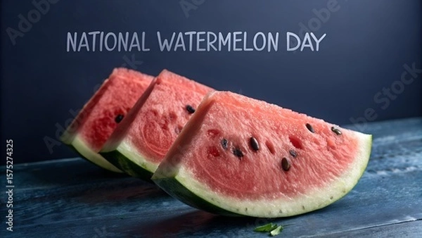 Fototapeta Three watermelon slices are displayed for national watermelon day